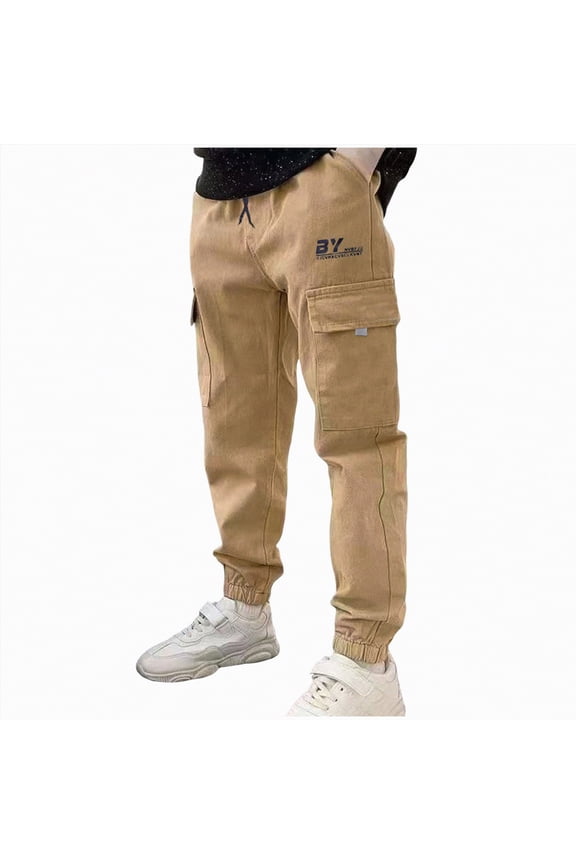Boys Pants Summer Cargo Pants for Kid Boys Elastic Waist Wide Leg Side Pockets School Wear Pants for Kids Size 9-10 (Beige,9-10 Years)