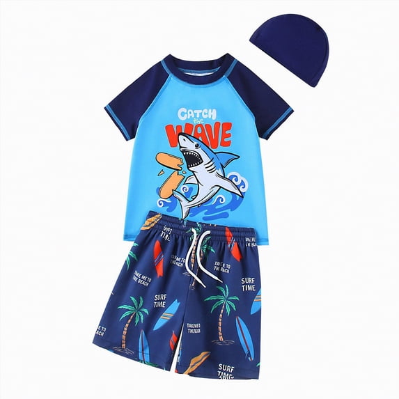 JUMEYU Boys Rash Guard Toddlers and Baby Boys' 3-Piece Swimsuit Trunk and Rashguard Sun Hat Set 4T 5T (Sky Blue,4-5 Years)