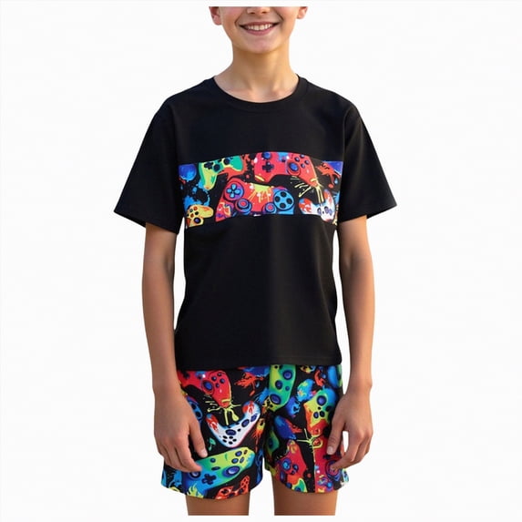JUMEYU Boys Swim Trunk Sets Boys Rash Guard Swimsuit Set Kids Short Sleeve Bathing Suit Swimwear Sets Size 10 Years (Black,10 Years)