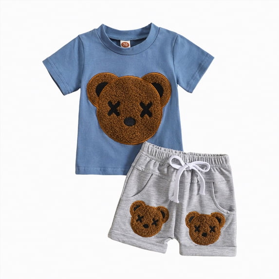 JUMEYU Boys Two Piece Shorts Sets Toddler Baby Boy Girl Outfit Short Sleve Shirt Top Shorts Kids Clothes Summer Clothing 0 6 Months (Blue,0-6 Months)