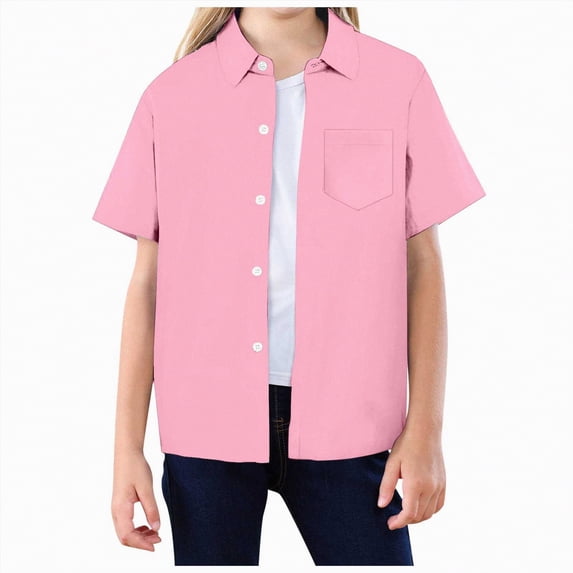 JUMEYU Button Up Shirt Boys Short Sleeve Boys Shirt Summer Casual Shirt Short Sleeve Button Down Shirt Children's Cute Top Size 9-10 (Pink,9-10 Years)