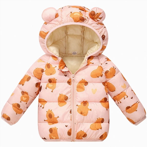 JUMEYU Coats for Girls Floral Bear-Ear Hood Puffer Jacket for Girls Zip-Up Winter Coat (Pink,5-6 Years)