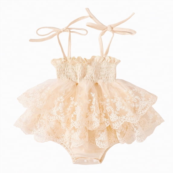 JUMEYU Cute Baby Girl Clothes Summer Baby Girl Romper Dress Fly Sleeve Smocked Dress Newborn Cute Baby Summer Clothes 0 3 6 9 12 18 24 Months (Beige,6-12 Months)