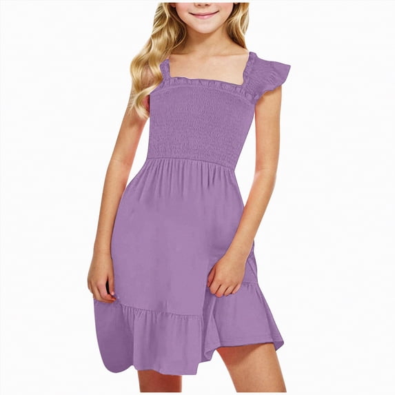 JUMEYU Dress Girls Girls Summer Dress Strap Ruched Beach Casual Teen Girl Sundress Size 13-14 (Purple,13-14 Years)