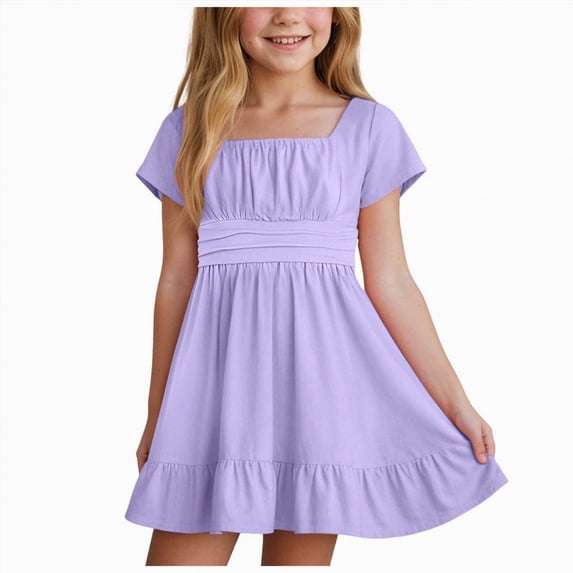 JUMEYU Dress for Girls Girl's Sleeveless A Line Mini Dress Ruched Ruffle Swing Dresses Size 14-15 (Light Purple,14-15 Years)