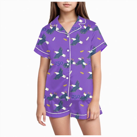 JUMEYU Girl Pajama Set Girls Summer 2Pcs Sleepwear Sets Striped Short Sleeve Tops and Shorts Pjs for Kids Pajamas Size 12-13 (Purple,12-13 Years)