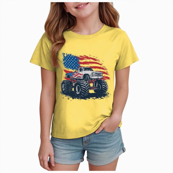JUMEYU Girls American Flag Shirt Summer Short Sleeve T Shirts 4th of July American USA Flag T-Shirts Casual Tops Size 9-10 (Yellow,9-10 Years)