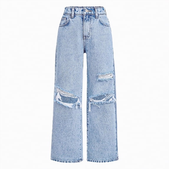 JUMEYU Girls Jeans High Waist Bottom for Girls Kids Wide Leg Denim Jeans High Elastic Waist Pants Solid Color Casual Size 9-10 (Light Blue,9-10 Years)