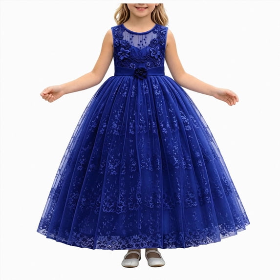 JUMEYU Girls Lace Embroidery Long Dress Sleeveless Flower Party Performance Evening Gown Dresses 5T 6T (Blue,5-6 Years)