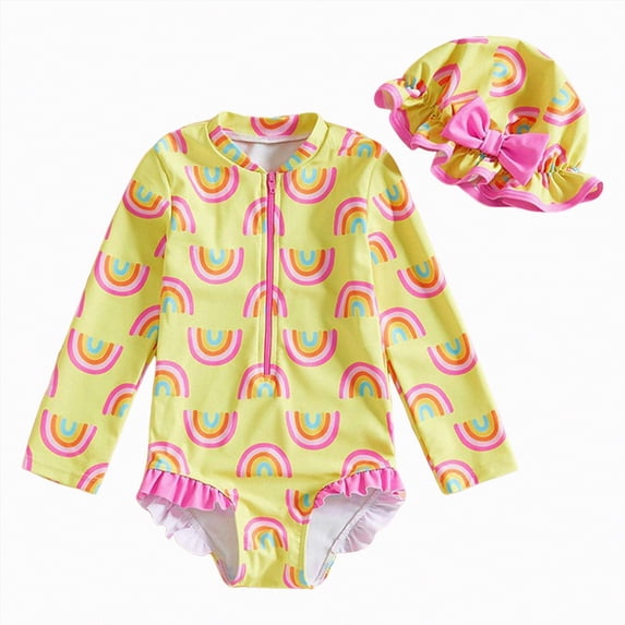 JUMEYU Girls Long Sleeve Bathing Suit Girls Swimsuit Bathing Suits Girls Long Sleeve Swimsuit One Piece Juniors Swimwear Size 6-7 (Yellow,6-7 Years)