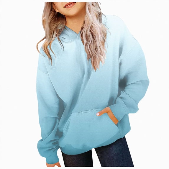 JUMEYU Girls Long Sleeve Hooded Hoodies Teen Girls Kids Cute Long Sleeve Sweatshirts Pullover Loose Clothes Size 9-10 (Light Blue,9-10 Years)