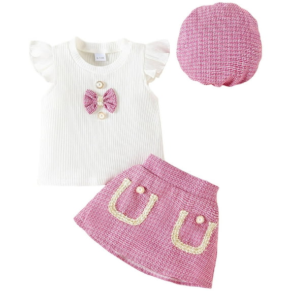 JUMEYU Girls Outfits School Toddler Baby Girl Summer Clothes Knit Tops Mini Skirts Set 2Pcs Outfits 3T 4T (Hot Pink,3-4 Years)