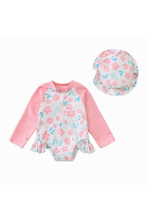 Girls Rash Guard Swimsuit Baby Toddler Girl Long Sleeve Swimsuit One Piece Zipper Rash Guard Bathing Suit with UPF 50+ Sun Protection 9 12 Months (Pink,9-12 Months)