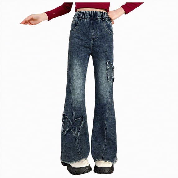 JUMEYU Girls Ripped Jeans Kids Girls Fashion Ripped Flared Denim Pants Zip Clouse Casual Hem Bell-Bottoms Jeans Size 8-9 (Blue,8-9 Years)