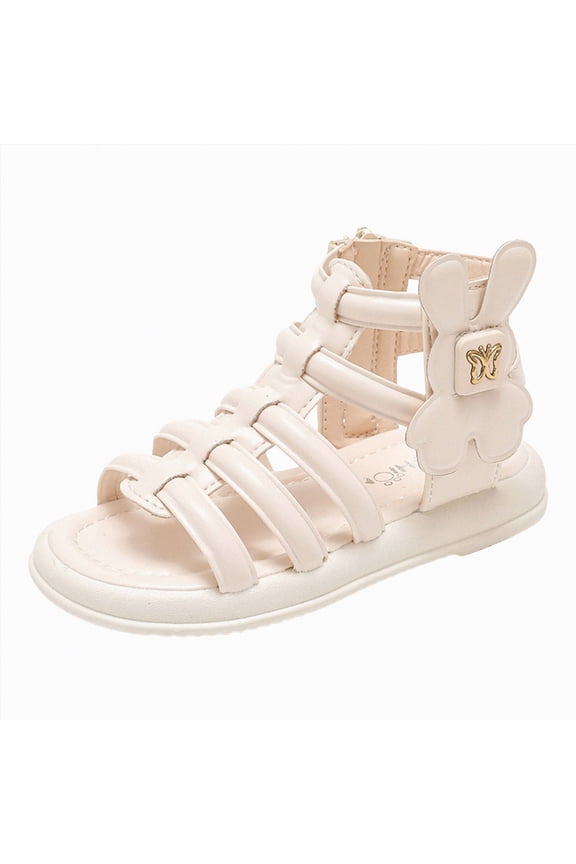 Girls Sandals Girls Sandals Open Toe Summer Strappy Flat Dress Shoes with Secure Hook and Look Closure Size 3 (White,Big Kids 3)