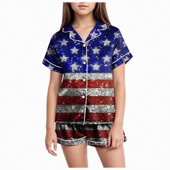 JUMEYU Girls Silk Pajamas Set 2 Piece Set Summer Short Sleeve Cartoon Homewear Set Sleepwear Size 12-13 (Navy,12-13 Years)