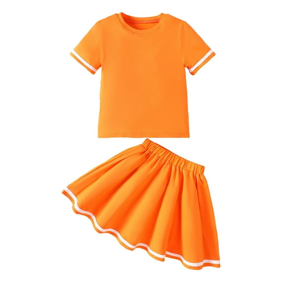 JUMEYU Girls Skirt Set Girl's 2 Piece Outfit Striped Floral Cami Crop Top and Ruched Mini Skirt Set 4T 5T (Orange,4-5 Years)