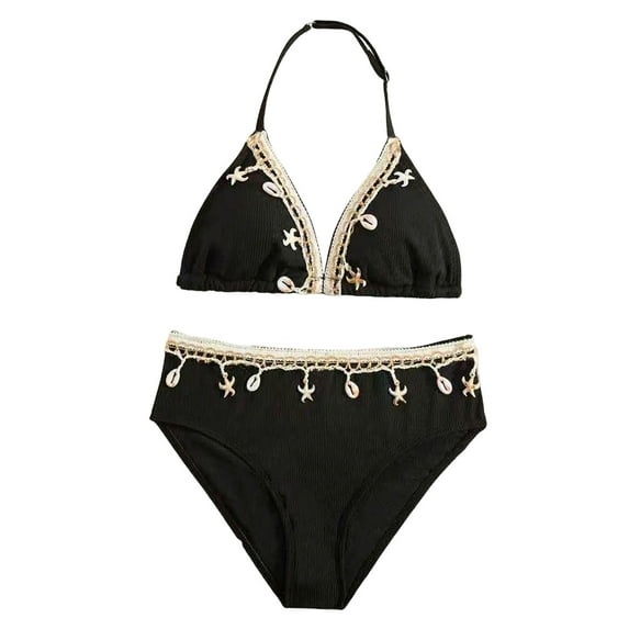 JUMEYU Girls Swimsuit with Skirt Girls Swimsuit Bikini Set,2 Piece Girl Bathing Suits Color Block Cutout Swimwear Size 10-11 Years (Black,10-11 Years)