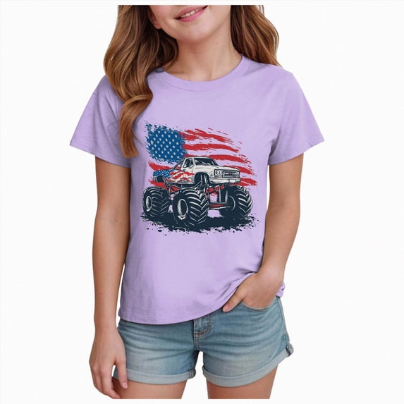 JUMEYU Girls USA Shirt Kids 250 Anniversary USA Girls' 1776-2026 United States Patriotic T-Shirt with American Flag Crew Neck Short Sleeve 3T 4T (Purple,3-4 Years)