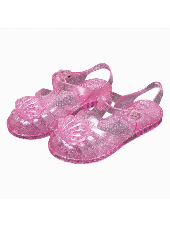 Glitter Shell Jelly Sandals 2026 Girls Dressy Summer Shoes Comfy Closed Toe Flats Toddler Beach Footwear Kids Size 11 (Pink,Little Kids 11)