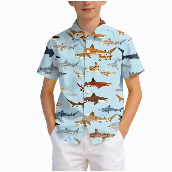 JUMEYU Hawaiian Shirts for Boys Boys Button Down Shirts Hawaiian Slim-Fit Short Sleeve Cool Dress Shirt Cute Top for Kids Size 13-14 (Light Blue,13-14 Years)