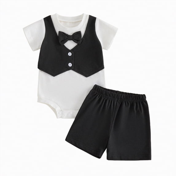 JUMEYU Infant Outfit Boy Newborn Baby Boy Summer Clothes Button Short Sleeve Romper Bodysuit Shorts Set Infant Soft Waffle Outfit 0 3 6 9 12 18 24 Months (Black,0-3 Months)