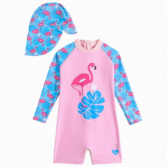 JUMEYU Infant Swimsuit Girl with Hat Baby Toddler Girl Long Sleeve Swimsuit One Piece Zipper Rash Guard Bathing Suit with UPF 50+ Sun Protection 4T 5T (Pink,4-5 Years)