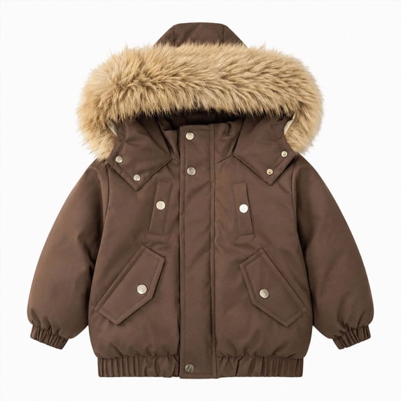 JUMEYU Jacket for Girls Cropped Faux Fur Hood Puffer Bomber Jacket for Girls Snap Front (Coffee,5-6 Years)