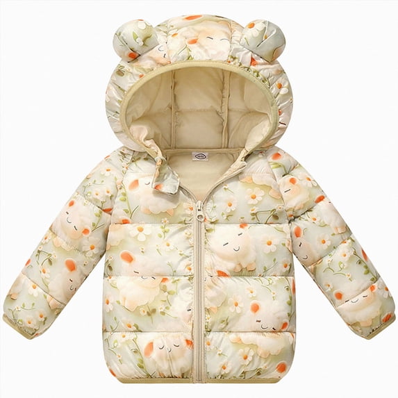 JUMEYU Jackets for Girls Snow Floral Bear-Ear Hood Puffer Jacket for Girls Zip-Up Winter Coat (Yellow,7-8 Years)