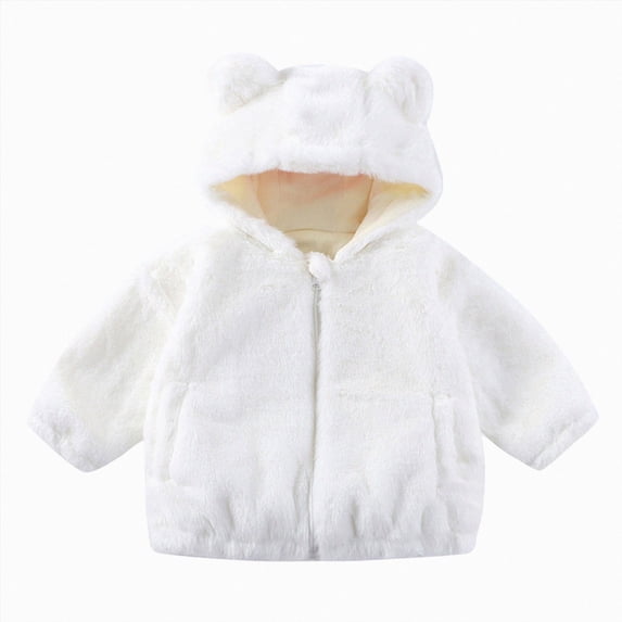 JUMEYU Kid Fleece Jacket Toddler Girls Fleece Zip-Up Hooded Jacket with Bear Ear Plush Detail 5T 6T (White,5-6 Years)