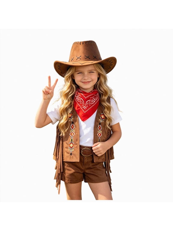 Kids Cowboy Costume Set Embroidered Fringe Vest with Cowboy Hat and Bandana Western Outfit for Boys Girls Halloween Party (Brown,7-8 Years)