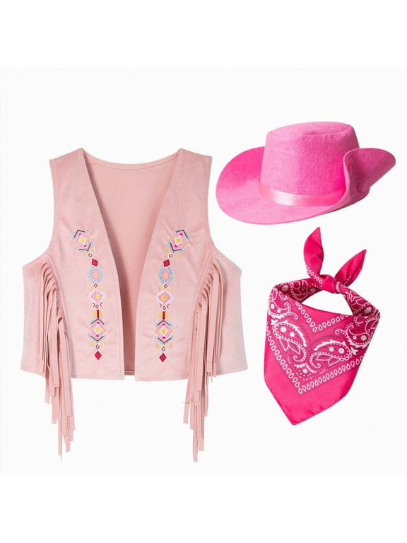 Kids Cowboy Costume Set Embroidered Fringe Vest with Cowboy Hat and Bandana Western Outfit for Boys Girls Halloween Party (Pink,12-13 Years)