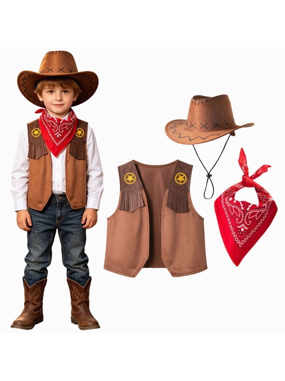 Kids Cowboy Costume Vest Set Western Sheriff Fringe Vest with Hat and Bandana Halloween Dress Up (Brown,3-4 Years)