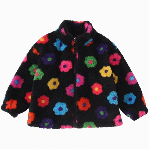 JUMEYU Kids Fleece Jacket with Hood Toddler Girls Flower Print Fleece Zip-Up Jacket Winter Coat 5T 6T (Black,5-6 Years)