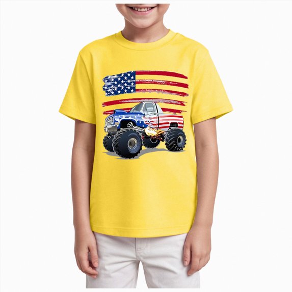 JUMEYU Kids Fourth of July Shirt Boys' Fire Truck Print Short Sleeve T Shirt Top Toddler T-Shirt Casual Summer Beachwear Tops for Boy Size 9-10 (Yellow,9-10 Years)
