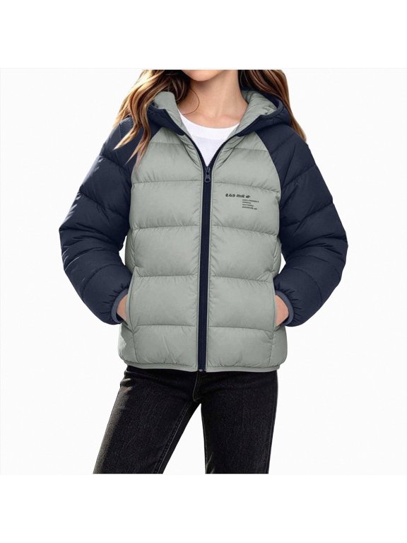 Kids Jacket Colorblock Hooded Puffer Jacket for Kids Zip-Up Coat Raglan Sleeves (AG,5-6 Years)