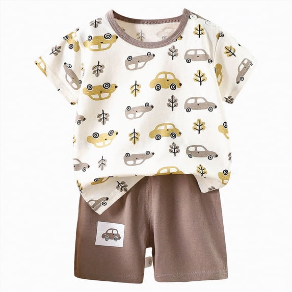 JUMEYU Kids Pajama Little Hand Boys Pajamas 2 Pieces Snug-Fit Short Set Cotton Toddler Pjs Sleepwear 18 24 Months (Brown,18-24 Months)