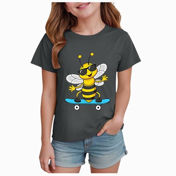 JUMEYU Kids Shirts Girls' Short Sleeve Graphic T-Shirt,Everyday Casual Wear,Soft & Comfortable Fit Size 7-8 (Grey,7-8 Years)