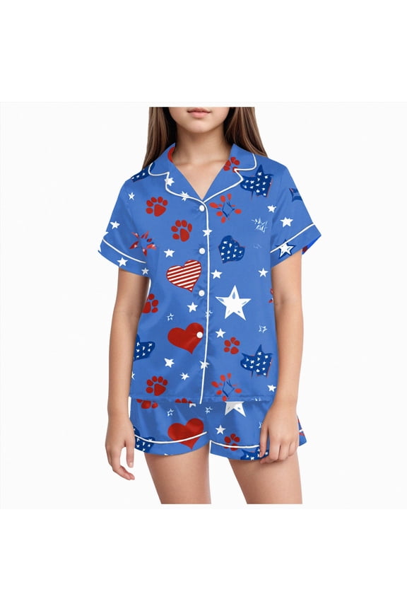 Kids Silk Pajamas Girls Pajamas, Satin Silky Pjs Set Kids 2Pcs Button-Down Nightwear Sleepwear Size 8-9 (Blue,8-9 Years)