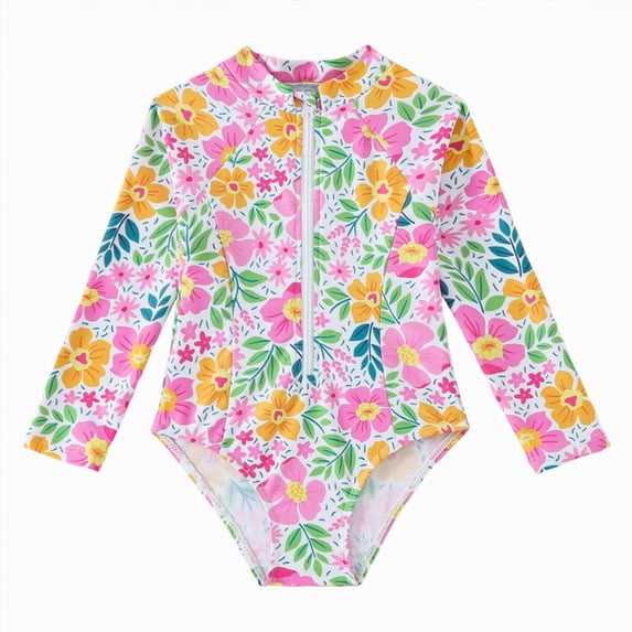 JUMEYU Kids Swimsuits Girls Rash Guard Long Sleeve One Piece Swimsuits Zipper Bathing Suits UPF 50+ Sun Protection Size 6-7 (Yellow,6-7 Years)