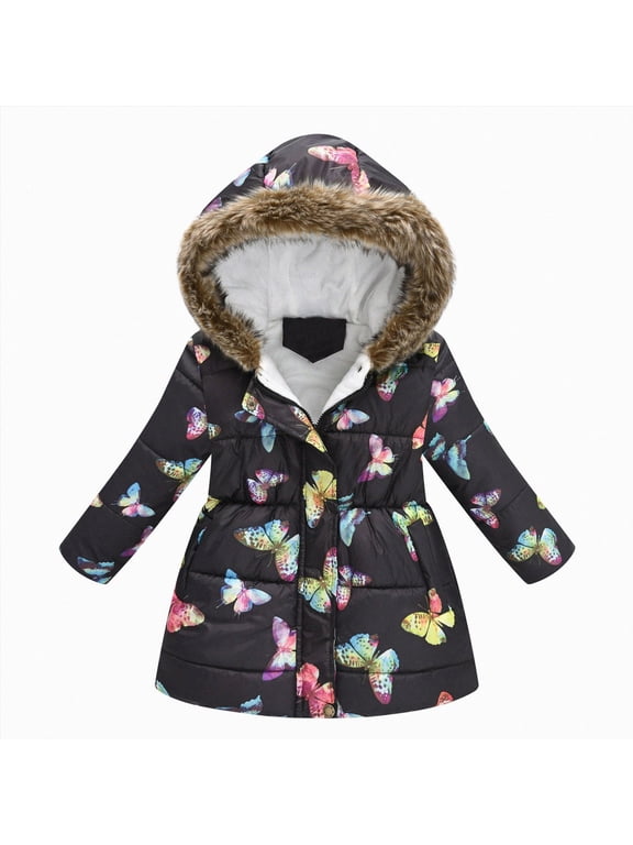 Kids Winter Coats Girls Butterfly Print Puffer Jacket for Girls Faux Fur Hood Fleece Lined Coat (Black,10-11 Years)