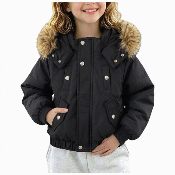 JUMEYU Kids Winter Jacket Girls Cropped Faux Fur Hood Puffer Bomber Jacket for Girls Snap Front (Black,7-8 Years)