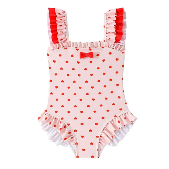 JUMEYU Little Girl Swimsuit Kid Girl One Piece Print Ruffle Swimsuit Beachwear Bathing Suit Size 5-6 (Pink,5-6 Years)