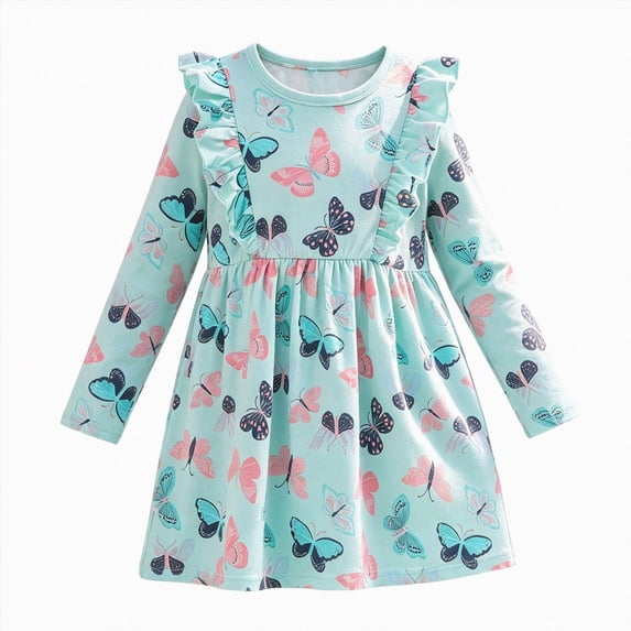 JUMEYU Little Girls Cotton Long Sleeve Cartoon Appliques Summer Casual Dress 3T 4T (Green,3-4 Years)