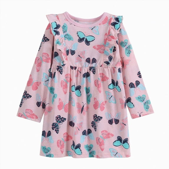 JUMEYU Little Girls Cotton Long Sleeve Cartoon Appliques Summer Casual Dress 6T 7T (Pink,6-7 Years)