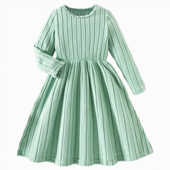 JUMEYU Little Girls Ribbed Knit Dress Round Neck Long Sleeve Waist Casual Solid Color Dresses 3T 4T (Mint Green,3-4 Years)