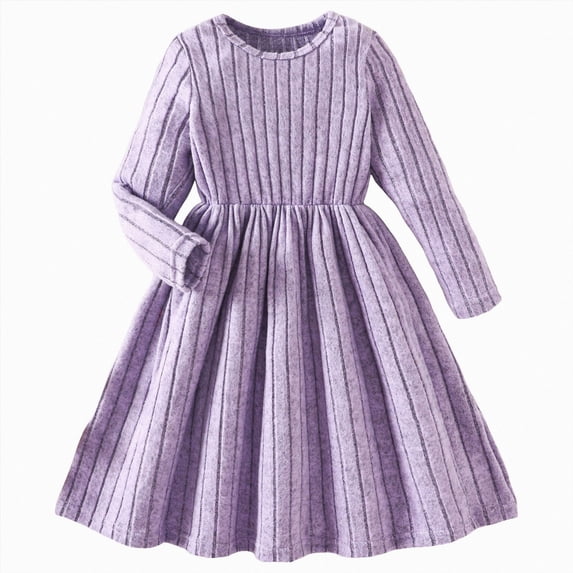 JUMEYU Little Girls Ribbed Knit Dress Round Neck Long Sleeve Waist Casual Solid Color Dresses 5T 6T (Purple,5-6 Years)