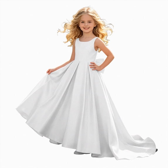 JUMEYU Little Girls Satin Flower Girl Dress Long Sleeveless Bow Wedding Formal Gown Dresses Size 11 (White,11 Years)