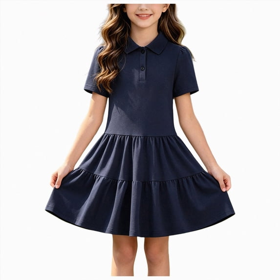 JUMEYU Little Girls Solid Color Long Sleeve A-Line School Dress Casual Uniform Dresses 7T 8T (Navy,7-8 Years)