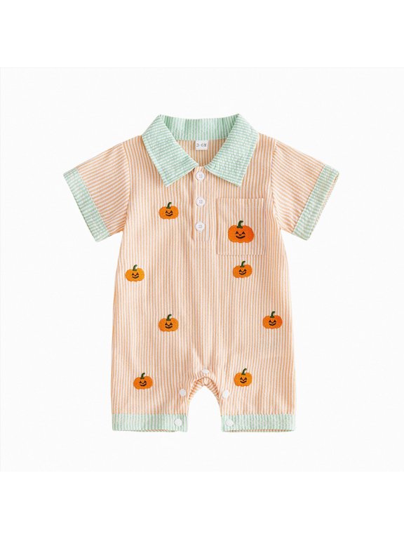 Neutral Baby Clothes Boy Halloween Print, Snap Closure, Ghost Stripe Short Sleeve (Orange,12-18 Months)